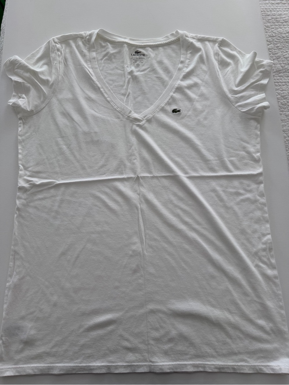 Lacoste White V-Neck Short Sleeve Tee with Green Croc